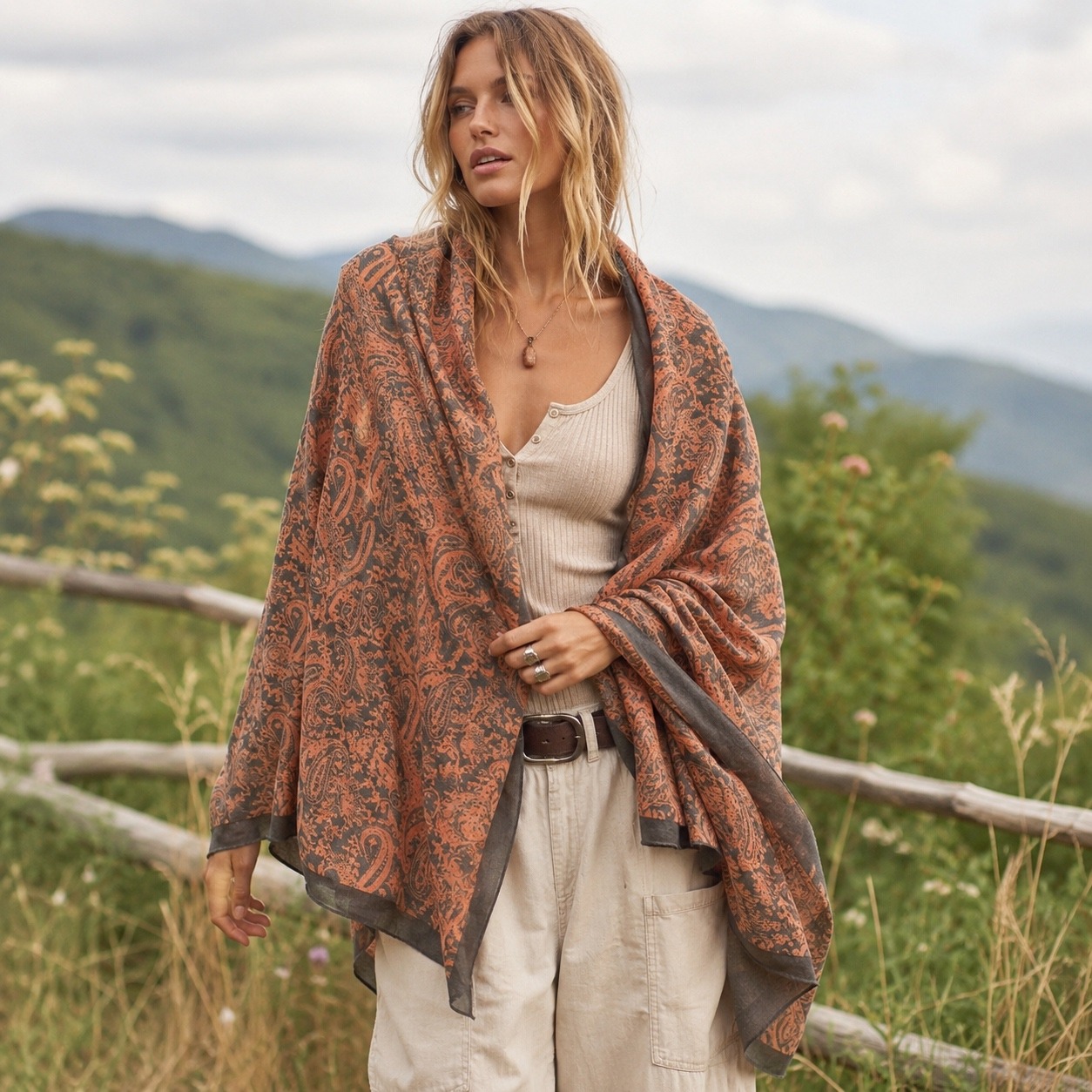 Paisley Pashmina Shawl Scarf Womens Os Gray Orange Wrap Scarf Size Os